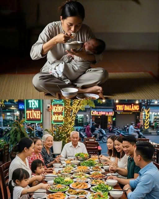 Chồng đưa cả nhà đi ăn nhà hàng để vợ mơí si//nh ở nhà bế con ăn cơm nguội với nước mắm