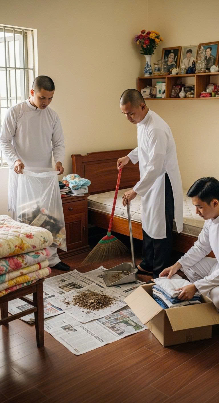 Ngày mẹ quadoi, 3 anh em dọn dẹp mới thấy 3 chiếc chăn bông cũ được cất trên nóc tủ. Anh cả, anh 2 đều chê mang về chật nhà, lại chẳng có mấy giá trị. Tôi tiếc nên mang về hế